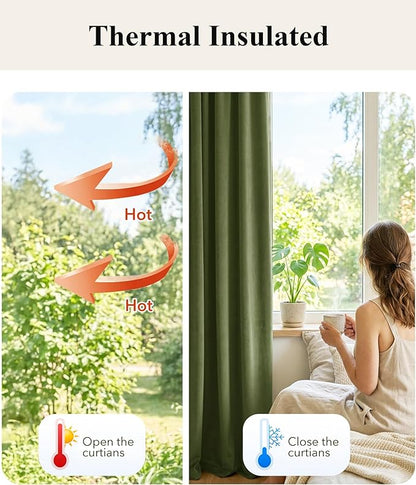 StangH Moss Green Curtains 92 inches Long Super Soft Velvet Room Darkening Thermal Insulated Window Drapes Back Tab Christmas Decor for Bedroom Living Room, W52 x L92, 2 Panels