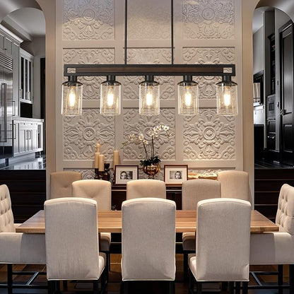 Farmhouse Dining Room Light Fixture, 5-Light Wood Kitchen Island Lighting for Dining Room Over Table, Black Adjustable Pendant Light with Seeded Glass Shades, Linear Chandeliers Lighting for Kitchen