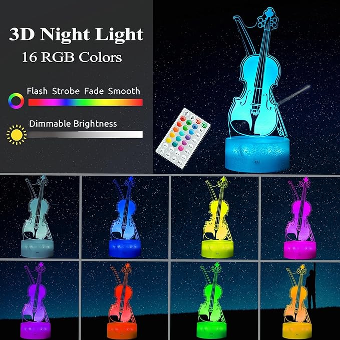 Violin Night Light, Violin Gifts, Cello 3D Illusion Lamp with 16 Colors Changing, Timer, 4 Flash Modes and Dimmable, Kids Boys Girls Room Decoration, Holiday Xmas Music Gifts