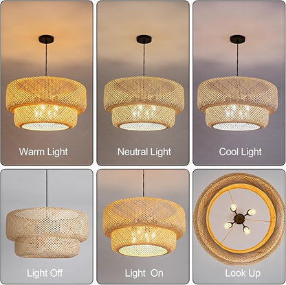 23.62” Farmhouse Bamboo Chandelier 4-Lights Large Hand-Woven Rattan Pendant Light Boho Wicker Dining Room Lights Fixtures for Living Room Bedroom Restaurant Cafe Kitchen Island