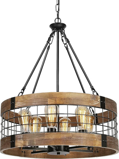 ACNKTZ 6-Light Farmhouse Chandelier for Entryway, Rustic Dining Room Light Fixtures, Industrial Drum Hanging Lighting for Kitchen Island Foyer, Black Wood and Black Metal Finish