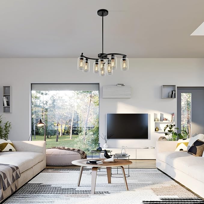 CNRATYE 9-Light Black Modern Chandeliers for Dining Room, Adjustable Height Farmhouse Kitchen Island Lighting, Industrial Hanging Light Fixtures for Living Room Bedroom, Clear Glass Shade