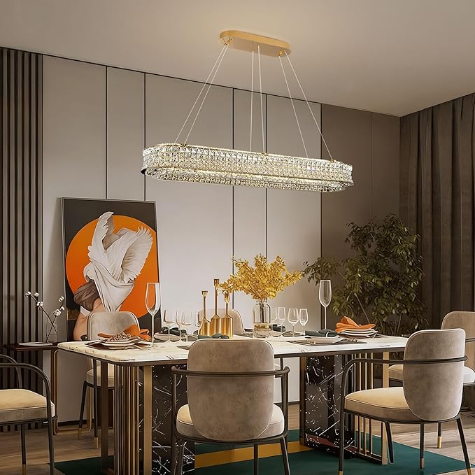 47" LED Rectangle Gold Crystal Chandeliers for Dining Room, Luxury, Rectangular Modern Crystal Oval Kitchen Chandelier, Dimmable LED with Remote, for Dining Room, Kitchen Island