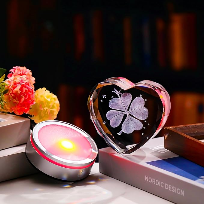 Qianwei 3D Four Leaf Clover 80mm Heart Shape Good Luck Gifts Ideas with Multicolor Lighting Base - Irish Gifts for Women Decor 4 Leaf Clover