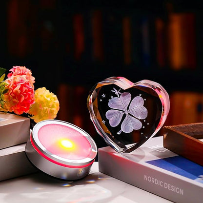 Qianwei 3D Four Leaf Clover 80mm Heart Shape Good Luck Gifts Ideas with Multicolor Lighting Base - Irish Gifts for Women Decor 4 Leaf Clover