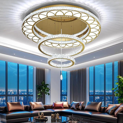 Flashing God 40" Modern Crystal Chandelier,Gold Round Crystal Ceiling Light Fixture,LED Dimmable Ring Pendant Light Flush Mount Chandeliers for Living Room,Dining Room,Bedroom