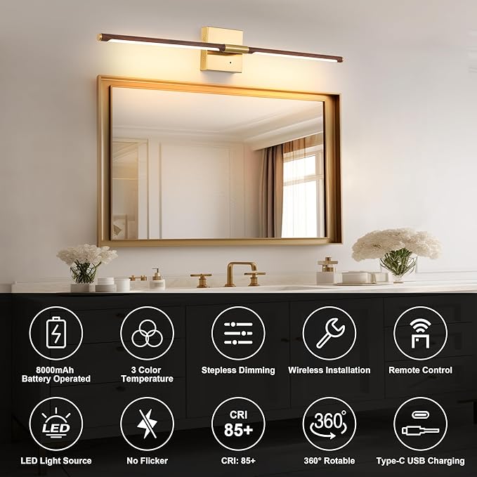 Morauroral 40″ Walnut Battery Operated Wall Sconces Set of Two, Dimmable Wall Sconce with Remote Control, Rechargeable Sconces Wall Lighting, LED Wireless Wall Lights for Bedroom, Living Room