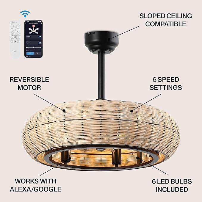 JONATHAN Y 23" Light Brown/Black 6-Light Modern Bohemian Ceiling Fan with Lights, 6-Speed Remote and App Control, Height Adjustable LED Lantern with Dark Brown Rattan Shade for Living Room (JYL9728B)