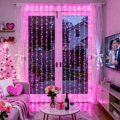 JMEXSUSS 300 LED Curtain Lights Plug in with Remote, Pink String Lights for Bedroom, Christmas, Window, Wall, Party, Teen, Girls' Room, Dorm, Valentine's Day Indoor Outdoor Decor, 9.8X9.8ft