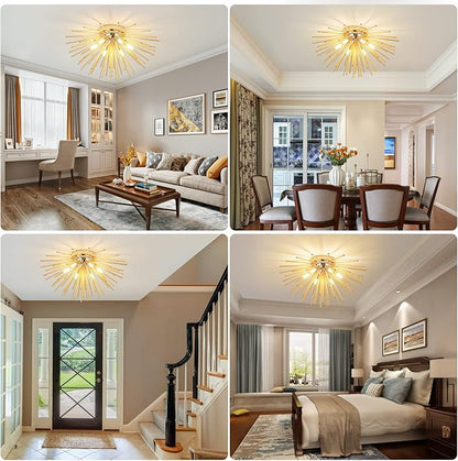 Sputnik Flush Mount Ceiling Light Fixture, 6-Light Gold Firework Ceiling Lights, 19.6" Modern Chandeliers Close to Ceiling Lamp for Bedroom Kitchen Hallway Entryway, G9 Socket