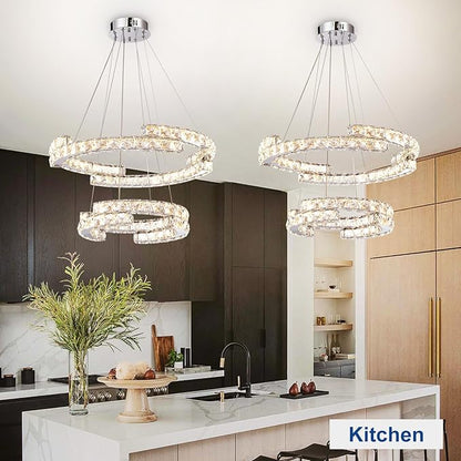 Depuley Modern LED Crystal Chandeliers: 23.6" Curved Ring Chandelier Hanging Crystal Ceiling Light Fixture - 65W Adjustable Height Pendant Light for Living Room Dining Room Bedroom Foyer