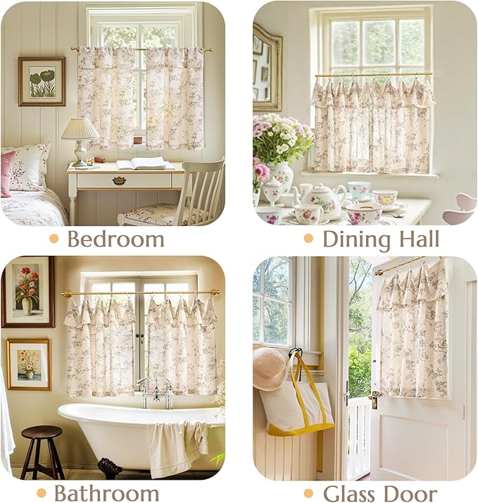 jinchan Floral Linen Kitchen Curtains with Attached Valance 36 Inch Length Farmhouse Cafe Tier Curtains for Living Room Bathroom Rustic Half Window Light Filtering Small Drapes 2 Panels Taupe