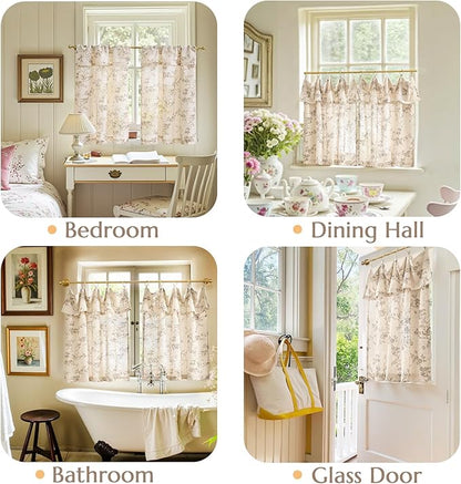 jinchan Floral Linen Kitchen Curtains with Attached Valance 36 Inch Length Farmhouse Cafe Tier Curtains for Living Room Bathroom Rustic Half Window Light Filtering Small Drapes 2 Panels Taupe