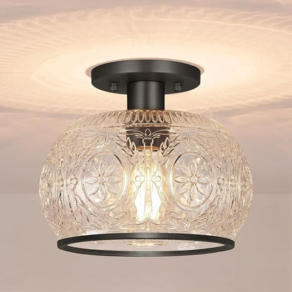 Black Vintage Semi-Flush Mount Ceiling Light with Globe Glass. Ideal for Small Kitchen, Closet, Hallway, Entryway, and Bathroom Lighting