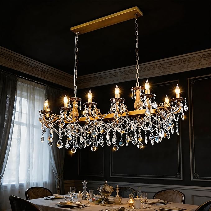 Rectangle Crystal Chandeliers Extra large modern Chandelier Island Lighting 12 Lights Candle Pendant Rectangle Hanging Ceiling Light Fixture for Dining Room Living Room Kitchen Island Entry L51.95