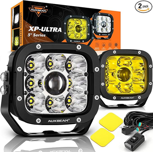Auxbeam XP-Ultra Series 5" 110W Offroad Spotlights Hyper Spot Beam LED Pods Light Bar Amber White Dual Color Covers Driving Yellow Fog Ditch Lights, Pair
