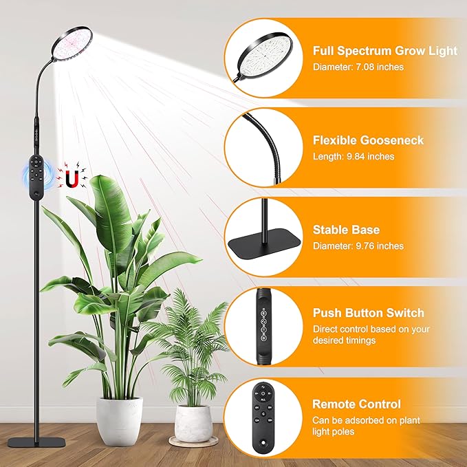 Hywyimlait Floor Grow Lights for Indoor Plants, Full Spectrum Plant Light with Stand for Growing Large Tall Plants, Grow Lamps with 4/8/12/18H Timer, 3 Light Modes, 10 Dimming,Height Adjustable, Black