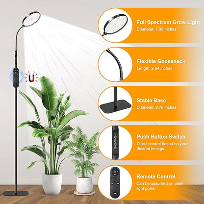 Hywyimlait Floor Grow Lights for Indoor Plants, Full Spectrum Plant Light with Stand for Growing Large Tall Plants, Grow Lamps with 4/8/12/18H Timer, 3 Light Modes, 10 Dimming,Height Adjustable, Black