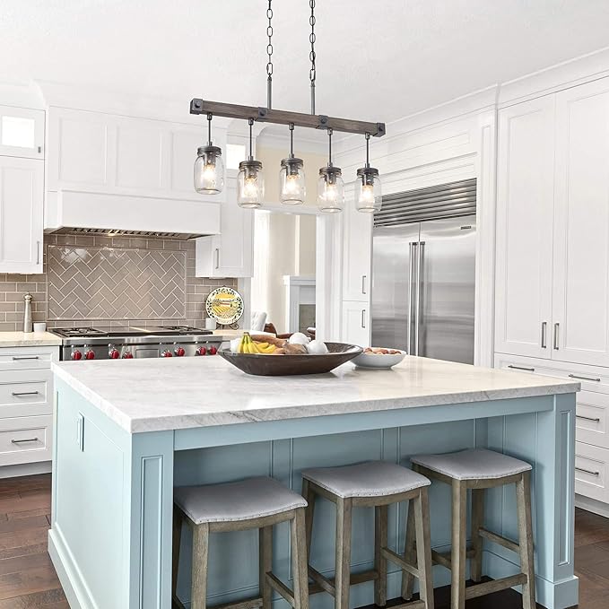 Mason Jar Chandelier, 5-Light Farmhouse Chandelier for Dining Room, 25.5" Rustic Island Lighting with Clear Glass Globes