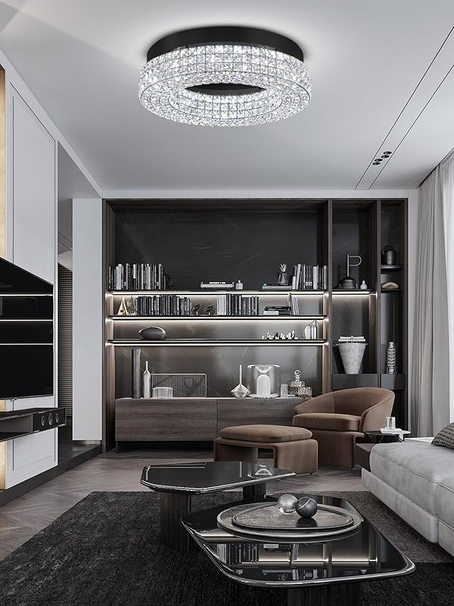 ykolupty 24" Crystal Chandeliers,Round Chandelier for Living Room Modern Ceiling Light Fixture Lamp for Foyer Bedrooms Dining Room Hallway (Black Chandelier)