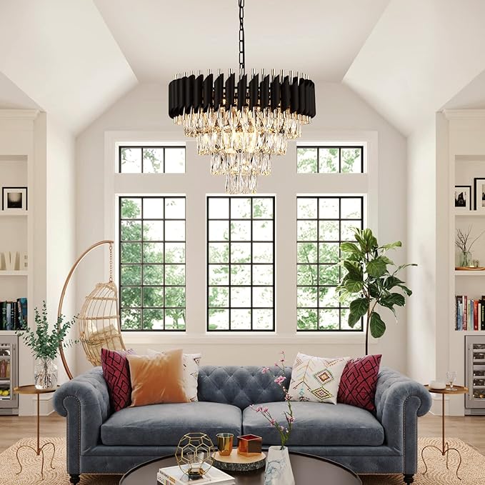 AXILIXI Modern Crystal Chandelier - 20" Crystal Ceiling Pendant Light 4 Tier Raindrop Flush Mount Chandelier in Black and Gold for Entryway, Foyer, Dining Room