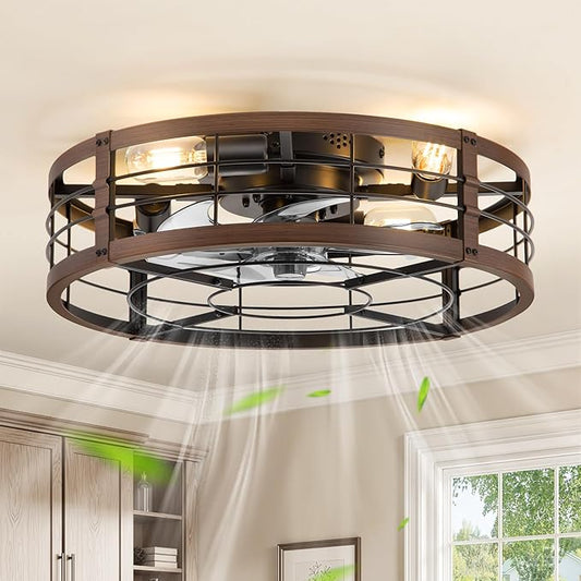 LEDIARY 20" Caged Ceiling Fan with Light and Remote, Low Profile Flush Mount Fandelier, Walnut Bladeless Enclosed Small Fan Lights Ceiling Fixtures, Rustic Farmhouse Style for Bedroom, Outdoor