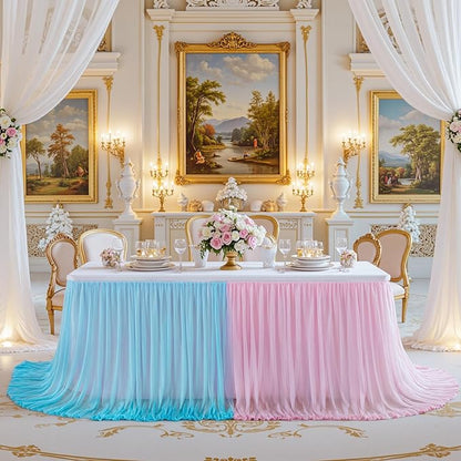 Gender Reveal Table Skirt Pink Blue Tulle Tutu Table Skirts 9 Ft for Gender Reveal Boy or Girls Birthday Party Baby Shower Cake Dessert Decorations