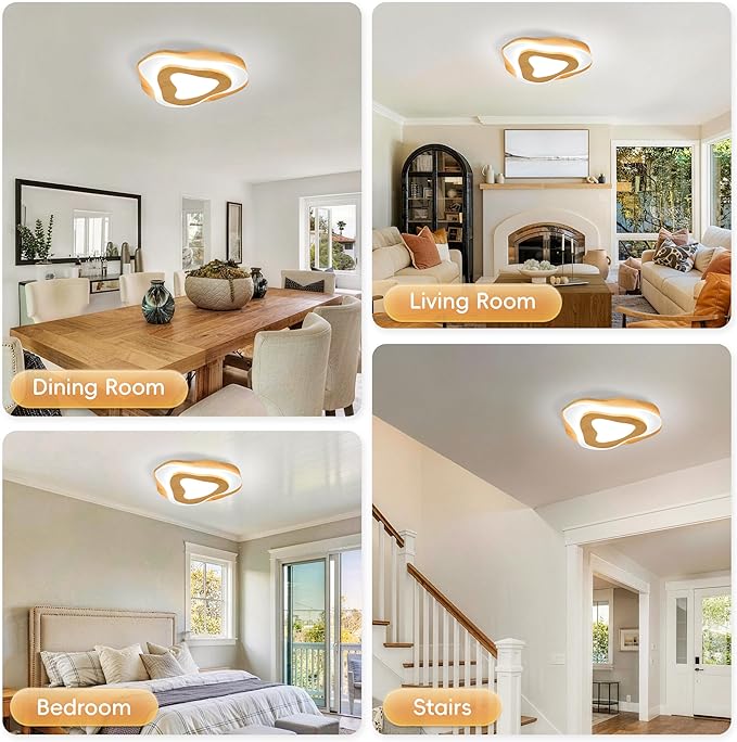 Littleglovo 15.7" Modern Flush Mount LED Chandelier for Dining Room, Natural Wood Petal Energy Chandeliers Ceiling Light for Entryway Bedroom Foyer Kitchen Living Room Bathroom