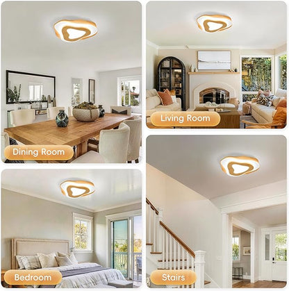 Littleglovo 15.7" Modern Flush Mount LED Chandelier for Dining Room, Natural Wood Petal Energy Chandeliers Ceiling Light for Entryway Bedroom Foyer Kitchen Living Room Bathroom