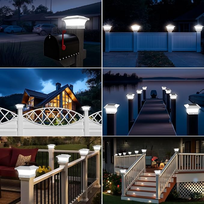 T-SUN Solar Post Cap Lights, Waterproof Outdoor Solar Powered Deck Fence Post Lights for 4 X 4 Wooden/Vinyl Posts, 6000K Cool White Lighting Decor for Deck, Patio, Garden, Porch, Fence(White -12 Pack)