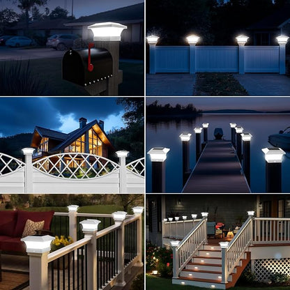 T-SUN Solar Post Cap Lights, Waterproof Outdoor Solar Powered Deck Fence Post Lights for 4 X 4 Wooden/Vinyl Posts, 6000K Cool White Lighting Decor for Deck, Patio, Garden, Porch, Fence(White - 6 Pack)