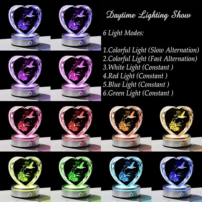 Qianwei Hummingbird Gifts for Women 3D Crystal Heart - Laser Hummingbird Decor Glass Animals Humming Bird Gifts Figurines Statue Stuff for Room Decorations Bird Night Light