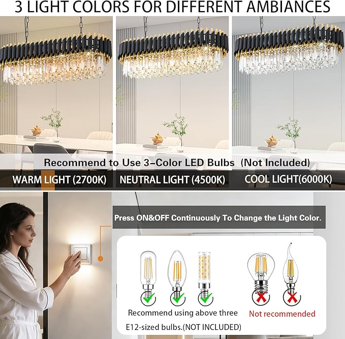 Modern Rectangular Chandelier Black and Gold Crystal Chandeliers for Dining Room 3 Tier 8-Light Oval Contemporary Ceiling Pendant Light Fixture for Kitchen Island Bar Living Room L33 inch