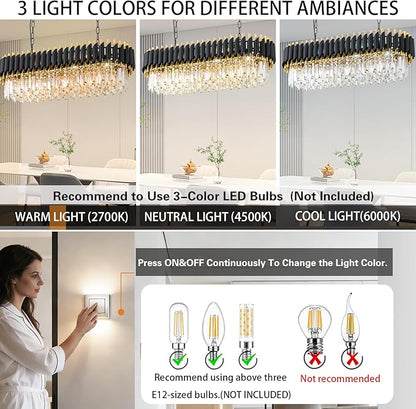 Modern Rectangular Chandelier Black and Gold Crystal Chandeliers for Dining Room 3 Tier 8-Light Oval Contemporary Ceiling Pendant Light Fixture for Kitchen Island Bar Living Room L33 inch