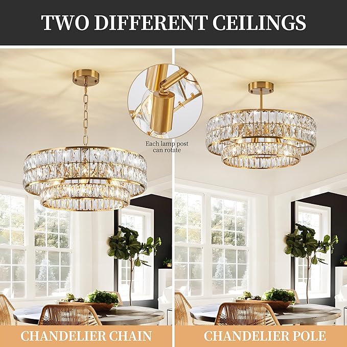 20 Inch Contemporary Luxury Crystal Chandelier, 6-Light Gold Semi-Flush Mount Ceiling Fixture, Round Crystal Pendant Design Perfect for Living Room, Dining Room, Kitchen, Foyer & Bedroom