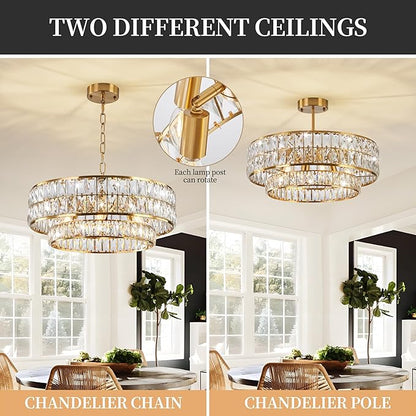 20 Inch Contemporary Luxury Crystal Chandelier, 6-Light Gold Semi-Flush Mount Ceiling Fixture, Round Crystal Pendant Design Perfect for Living Room, Dining Room, Kitchen, Foyer & Bedroom