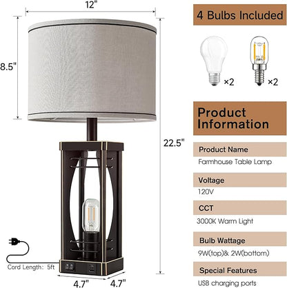 SRJJA Farmhouse Table Lamps Set of 2 for Living Room, Rustic Industrial Bedside Lamps with USB A+C Charging Ports, 22.5" Dual Light Nightstand Lamp with Linen Shade for Bedroom End Tables
