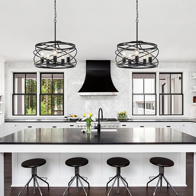19.7'' Black Farmhouse Chandelier - 5-Light Industrial Drum Black Chandeliers for Dining Room Hanging Light Fixture for Entryway Kitchen Foyer Bedroom Living Room