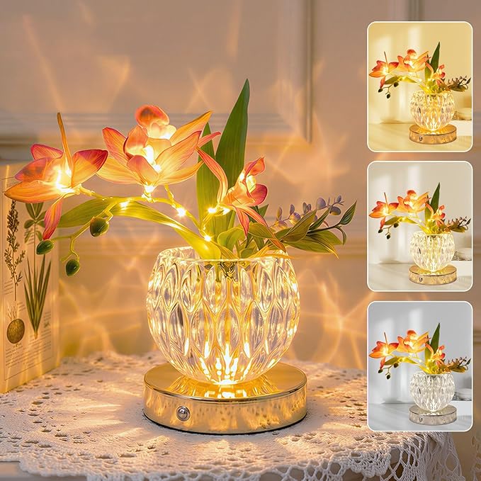 Flower Table Lamp, 3 Colors Orchid Night Light, Cordless Touch Dimming Flower with Vase Lamp, LED Desktop Decorative Landscape Lights for Festival Party Home Decor (Pink-Ivory Orchid)