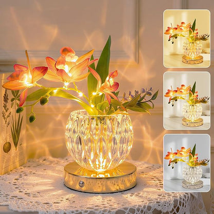 Flower Table Lamp, 3 Colors Orchid Night Light, Cordless Touch Dimming Flower with Vase Lamp, LED Desktop Decorative Landscape Lights for Festival Party Home Decor (Pink-Ivory Orchid)