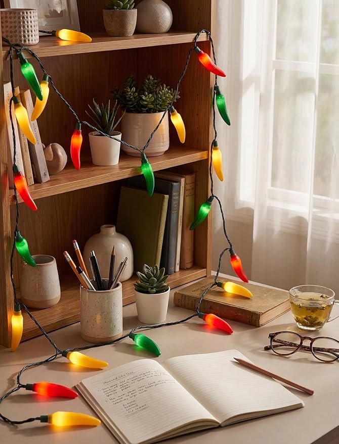 35 LED Multicolor Chili Pepper Lights, 13.6Ft Christmas Outdoor String Lights with Warm White Bulbs, Plug in Fairy Lights for Party Kitchen Patio Garden Decor, Cook Off Decorations for Cinco De Mayo