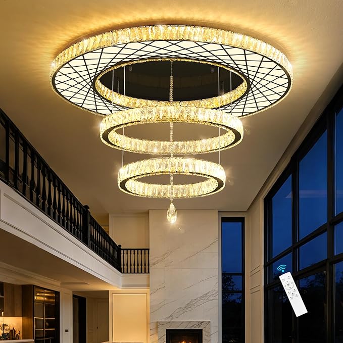 HAIXIANG 48 inch Large Size Glam Chandelier Crystal Ceiling Light for Living Room Chandeliers Lighting Fixtures with Remote Dimmable LED Light,Black Luxury Interior Light