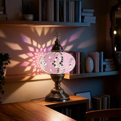 Turkish Mosaic Table Lamp with Bulb – Handmade Pink Stained Glass Light, Vintage Bohemian Decorative Bedside Lamp with US Plug & E12 Socket