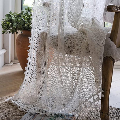 Sutuo Home White Crochet Boho Curtain 96 Inches Long, Sheer Lace Handmade Tassels Knitted Window Treatment Vintage Rustic Bohemian Farmhouse Drape for Bedroom Rod Pocket 1 Panel 59" W x 96" L