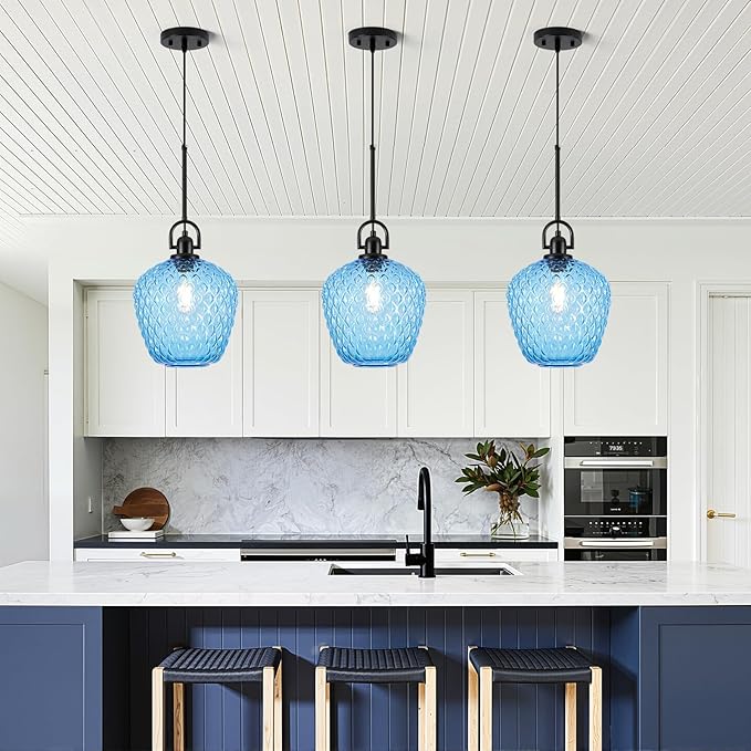 Large Glass Pendant Lights Kitchen Island, 10" 1-Light Black Pendant Light Fixtures with Blue Hammered Glass, Modern Hanging Light for Kitchen Island Dining Room Entryway Foyer