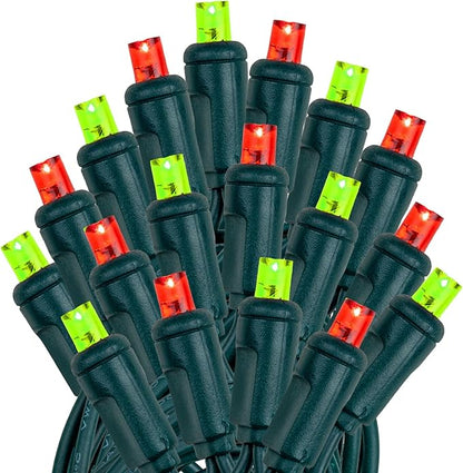 Novelty Lights 25ft 50 LED Lime Green/Red Christmas Lights Outdoor/Indoor, 6" Spacing, Green Wire String Lights for Festive Xmas Lighting, IP55, UL Listed, Dimmable, Connectable