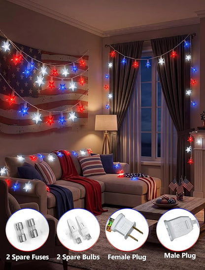 GOOTHY 13.6Ft LED Red White and Blue Star String Lights Plug in, Outdoor 4th of July Decorations Lights with 35 LED Star Light, Hanging Fairy Light for Independence Day Party Garden Patio Birthday