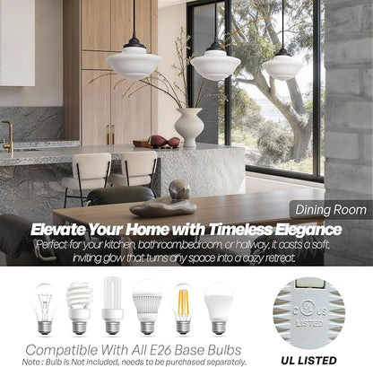 Modern Schoolhouse Ceiling Pendant Light with Milk White Glass Lampshade, Vintage Globe Hanging Ceiling Fixture Lamp for Kitchen Island Dining Room Hallway