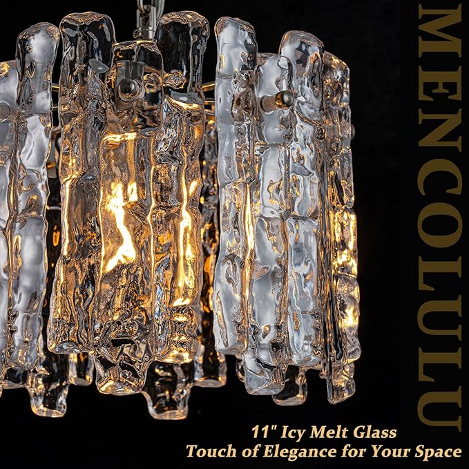 11" Handmade Ice Melt Glass Pendant Lights Kitchen Island Brushed Nickel Crystal Chandelier Modern Hanging Pendant Light Fixtures for Dining Room Foyer Entryway Living Room Bedroom Bar Cafe Restaurant