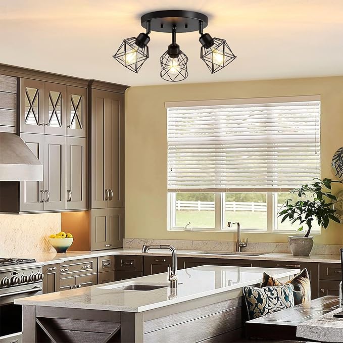 Baocuz 3-Light Kitchen Flush Mount Ceiling Light, Adjustable Multi-Directional Ceiling Light Fixture, Farmhouse Black Metal Cage Close to Ceiling Lamp for Dining Room Bedroom Hallway